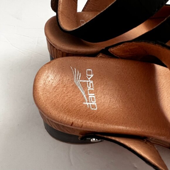 Dansko Minka Sandals Block Heel Ankle Strap Black Leather Clog - Picture 5 of 9